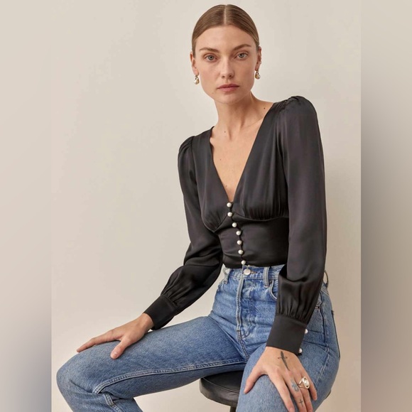 Reformation Cadence Silk Top in Black Embellished - Picture 1 of 9